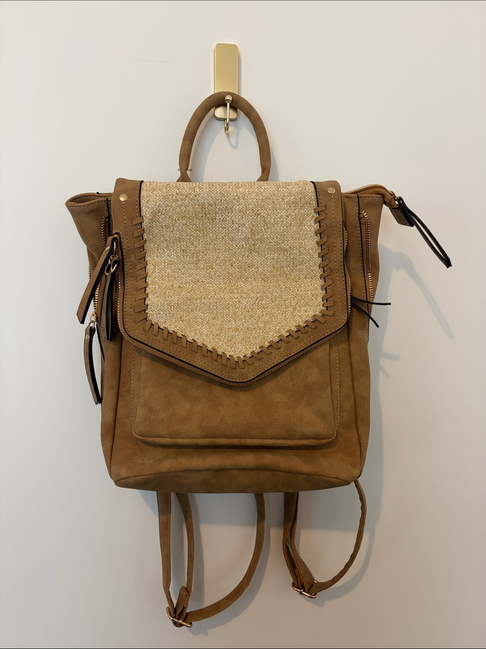 Tan Suede-Style Backpack with Woven Front Flap